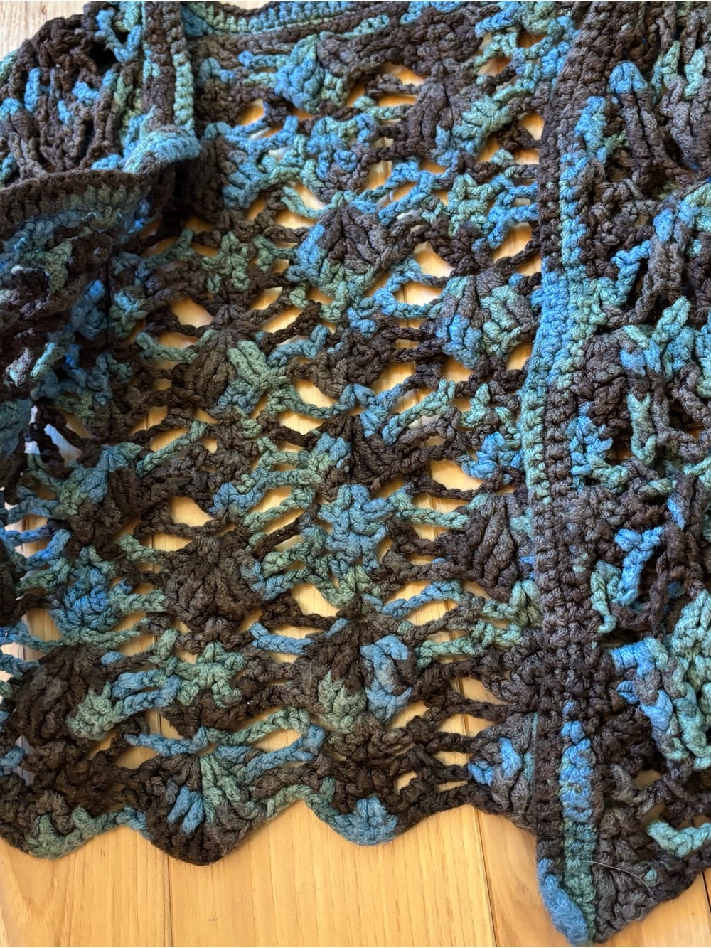 Boho Crochet Brown Blue Open Front Short Sleeve Handmade Top - Picture 5 of 8